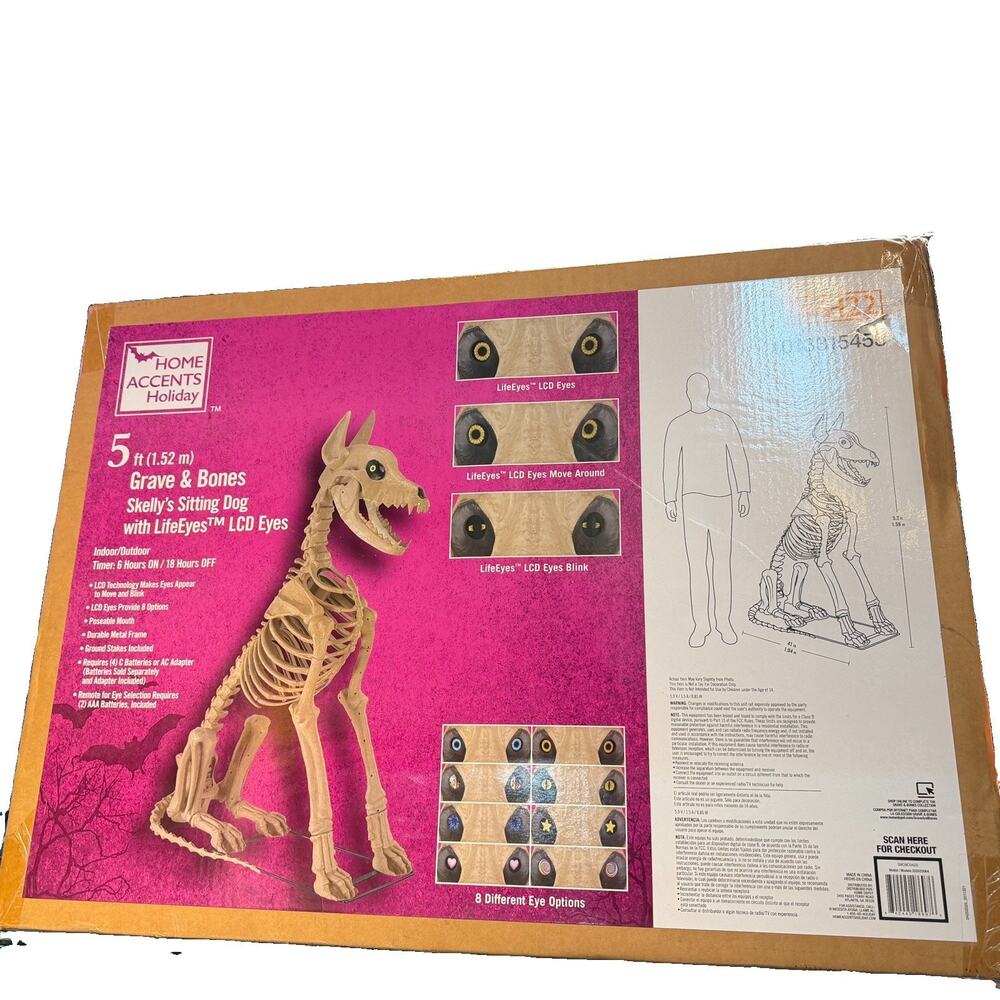 Home Accents 5 Ft Grave & Bones Skelly's Sitting Dog with Lifeeyes LCD Eyes H22